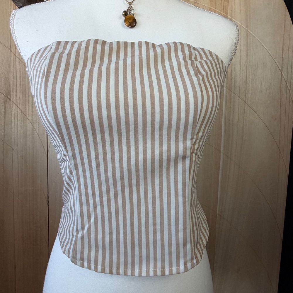 Emerson Lane Tube Top S Tan White Striped Smocked Back Strapless Casual Chic
